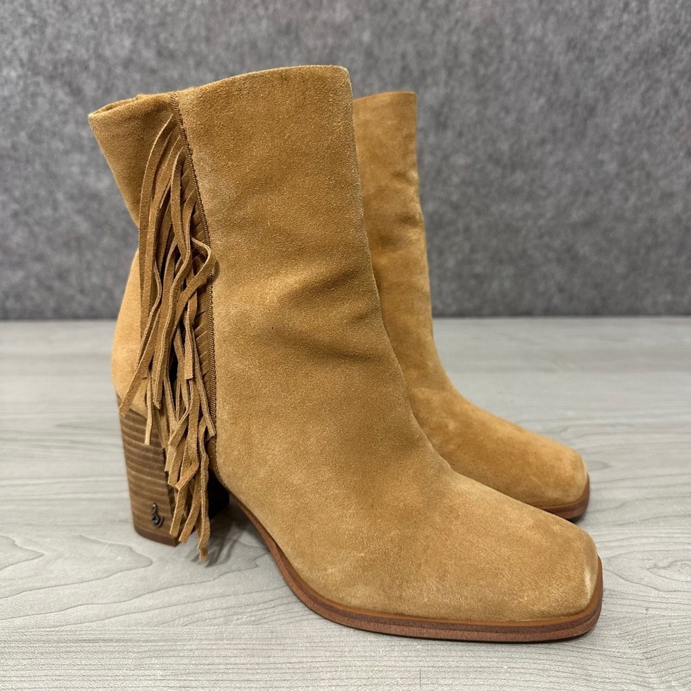 Sam Edelman Ona Fringe Boot Tan Suede Square Toe‎ Ankle Boots Womens 6 EUR 36